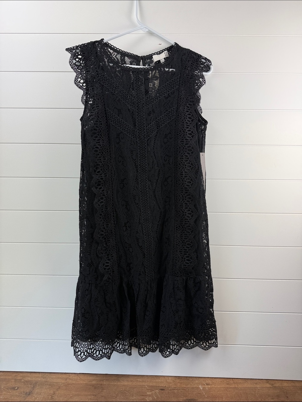 Anthropologie RO DE Black Lace Sleeveless Shift Dress Zip back ruffle tier small